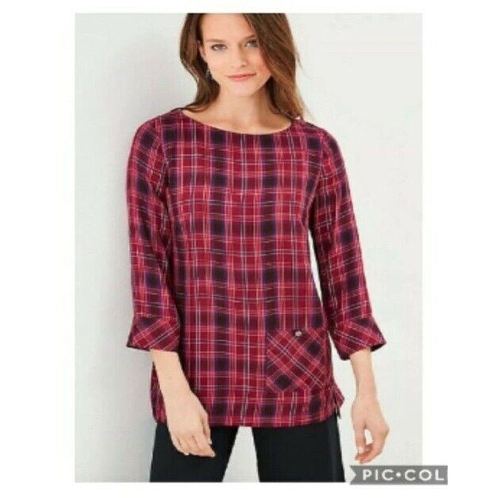 New J. Jill Womens Sz S 3/4 Sleeve Boat Neck Tunic Top Plum Purple Plaid Casual
